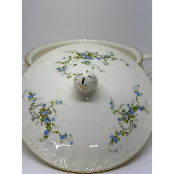 VTG Pope Gosser Fleurette Covered 5.5"x9.5" Vegetable Dish Blue Floral Gold Trim - Picture 9 of 10